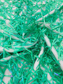 Sword Shaped Sequins - Jade Green - Hanging Iridescent Sequins On Mesh Fabric By Yard