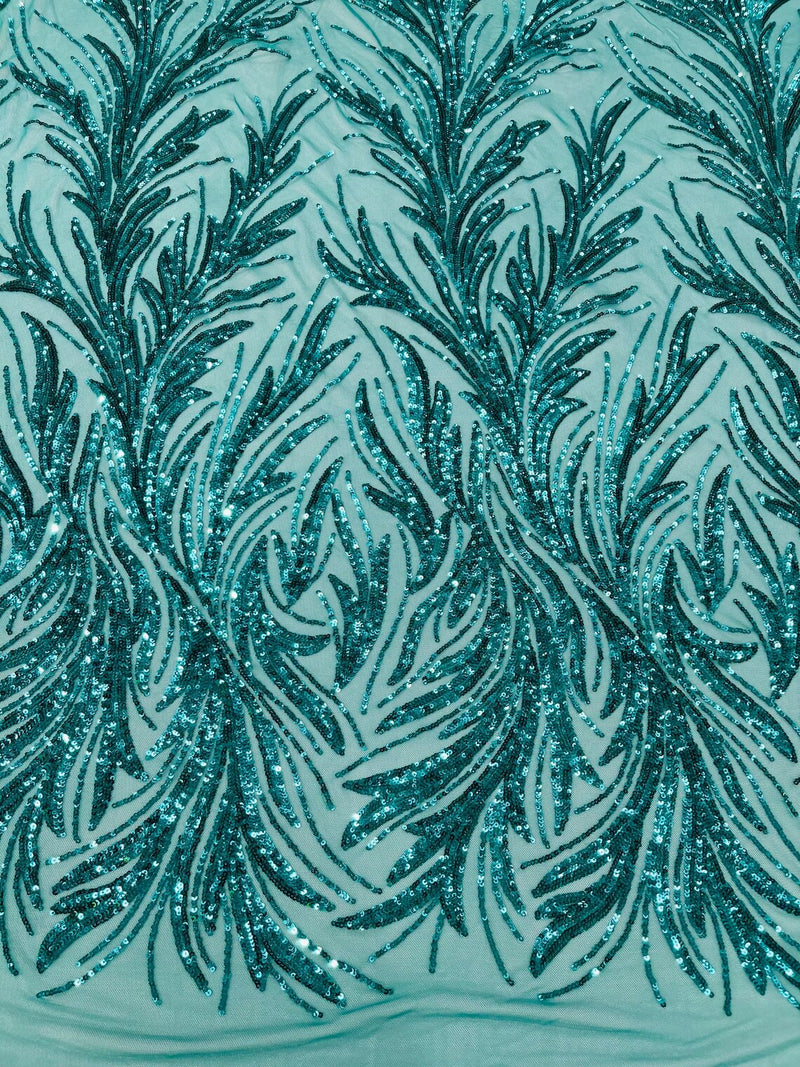 Leaf Stretch Sequins Fabric - Jade Green - 4 Way Stretch Sequins on Lace Mesh Fabric by Yard