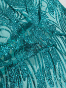 Wavy Leaf Design Fabric - Jade Green - 4 Way Stretch Sequins Lace Mesh Leaf Design Fabric by Yard