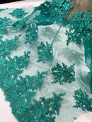 Flower 3D Corded Fabric - Jade Green - Lace Mesh Fabric Embroidered Floral Design by Yard