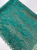 Damask Diamond Net Lace Fabric - Jade Green - Damask Design Embroidered on Lace Mesh Fabric by Yard