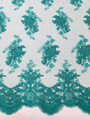 Damask Flower Lace Fabric - Jade Green - Damask Flowers Embroidered on Lace Fabric By Yard