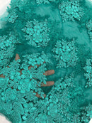 Flower 3D Corded Fabric - Jade Green - Lace Mesh Fabric Embroidered Floral Design by Yard