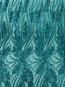 Wavy Leaf Design Fabric - Jade Green - 4 Way Stretch Sequins Lace Mesh Leaf Design Fabric by Yard