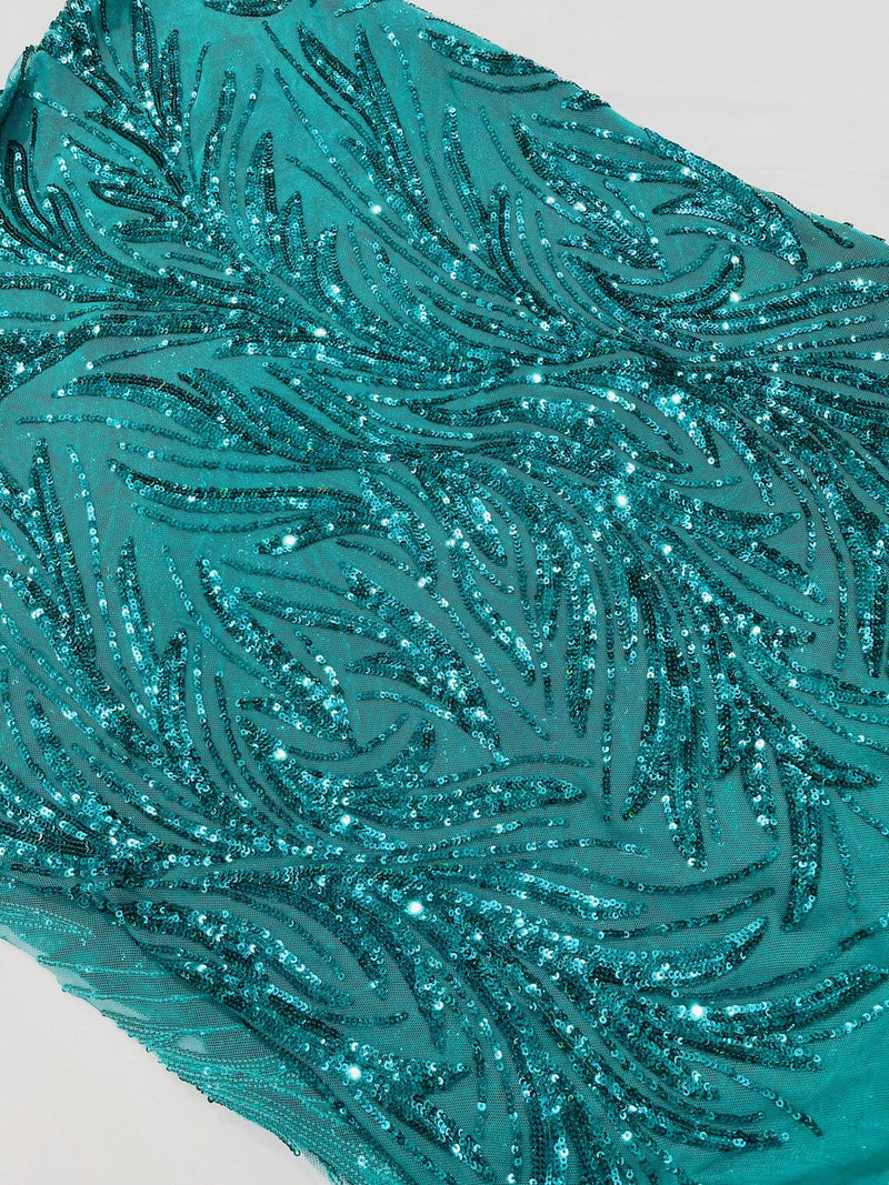 Leaf Stretch Sequins Fabric - Jade Green - 4 Way Stretch Sequins on Lace Mesh Fabric by Yard