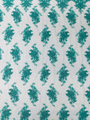 Damask Flower Lace Fabric - Jade Green - Damask Flowers Embroidered on Lace Fabric By Yard