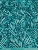 Curvy Design Sequins Fabric - Jade Green - 4 Way Stretch Curvy Sequins Design Mesh Fabric by Yard
