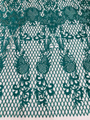 Damask Diamond Net Lace Fabric - Jade Green - Damask Design Embroidered on Lace Mesh Fabric by Yard