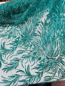Jade Green Beaded Fabric by the yard, Bridal beaded, Damask Pattern With Beads and Sequin