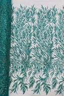 Jade Green Beaded Fabric by the yard, Bridal beaded, Damask Pattern With Beads and Sequin