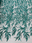 Jade Green Beaded Fabric by the yard, Bridal beaded, Damask Pattern With Beads and Sequin