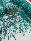 Jade Green Beaded Fabric by the yard, Bridal beaded, Damask Pattern With Beads and Sequin