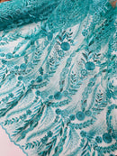 Jade Green Floral Design Beads & Sequins, Lace Beaded Floral & Leaf Embroidered Lace