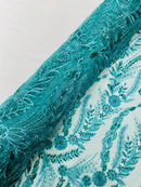 Jade Green Floral Design Beads & Sequins, Lace Beaded Floral & Leaf Embroidered Lace