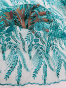 Jade Green Floral Design Beads & Sequins, Lace Beaded Floral & Leaf Embroidered Lace