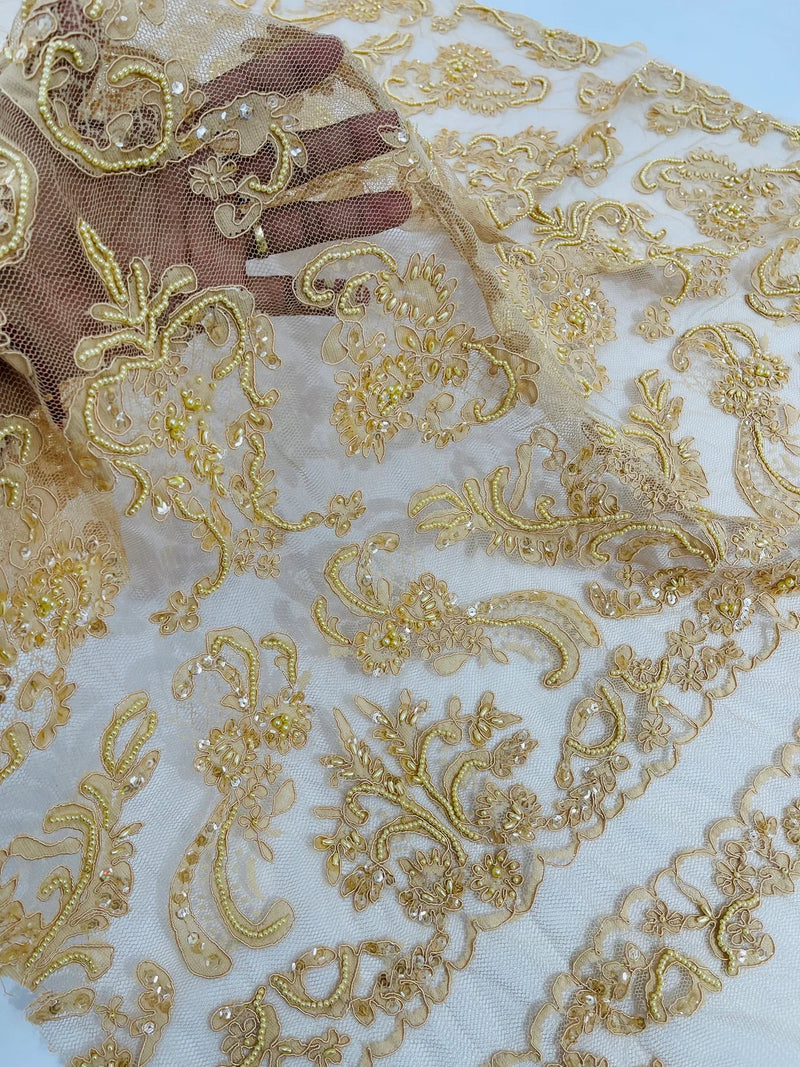 My Lady Beaded Fabric - Khaki - Damask Beaded Sequins Embroidered Fabric By Yard