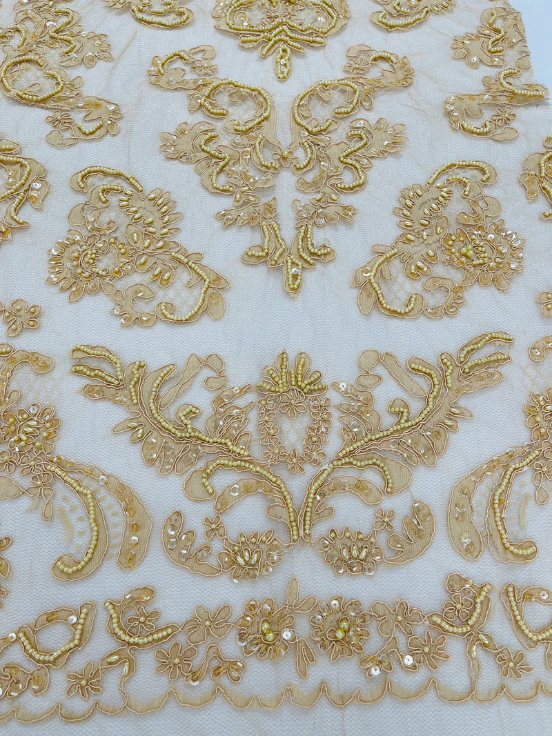 My Lady Beaded Fabric - Khaki - Damask Beaded Sequins Embroidered Fabric By Yard