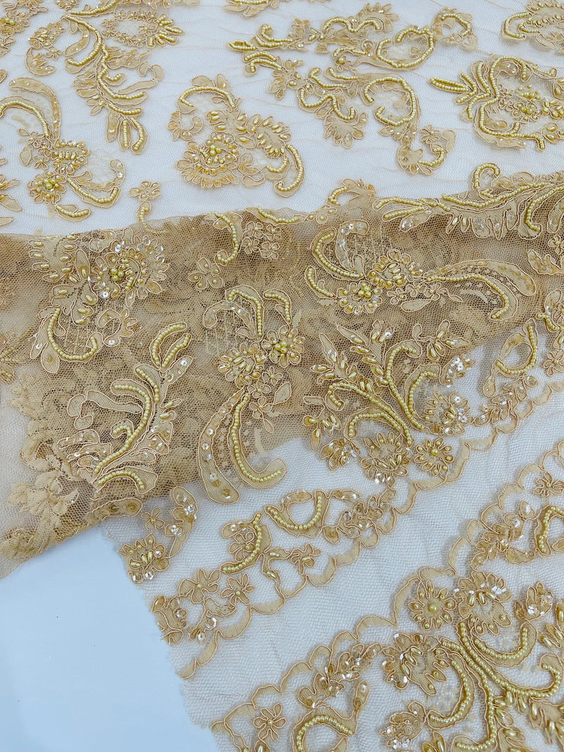 My Lady Beaded Fabric - Khaki - Damask Beaded Sequins Embroidered Fabric By Yard