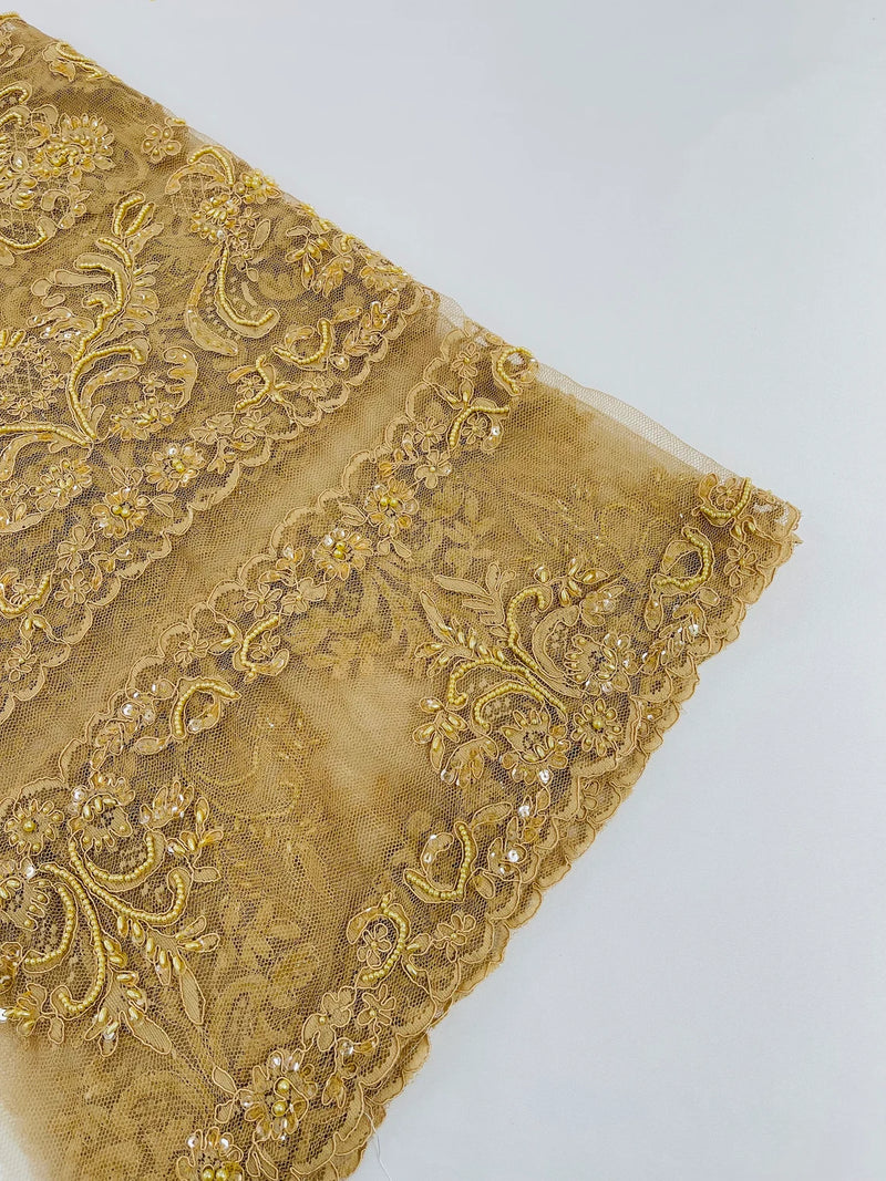 My Lady Beaded Fabric - Khaki - Damask Beaded Sequins Embroidered Fabric By Yard