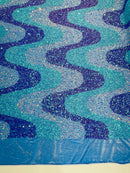 Wavy Line Design Velvet Sequins - Lavender / Mint / Clear Iridescent - Velvet Sequins Fabric 2 Way Stretch 58"/60" Yard