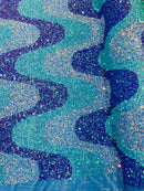 Wavy Line Design Velvet Sequins - Lavender / Mint / Clear Iridescent - Velvet Sequins Fabric 2 Way Stretch 58"/60" Yard