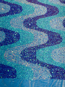 Wavy Line Design Velvet Sequins - Lavender / Mint / Clear Iridescent - Velvet Sequins Fabric 2 Way Stretch 58"/60" Yard