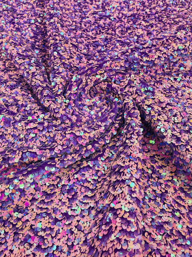 58/60" Velvet Sequins Stretch Fabric - Lavender / Pink Iridescent - Velvet Sequins 2 Way Stretch Sold By Yard