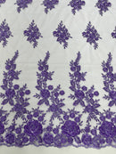 Rose Beaded Sequin Fabric - Lavender - Embroidered Floral Pattern with Beads and Sequins By Yard
