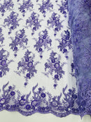 Beaded Sequins Floral Fabric - Lavender - Embroidered Beaded Floral Clusters Sequins Fabric By Yard