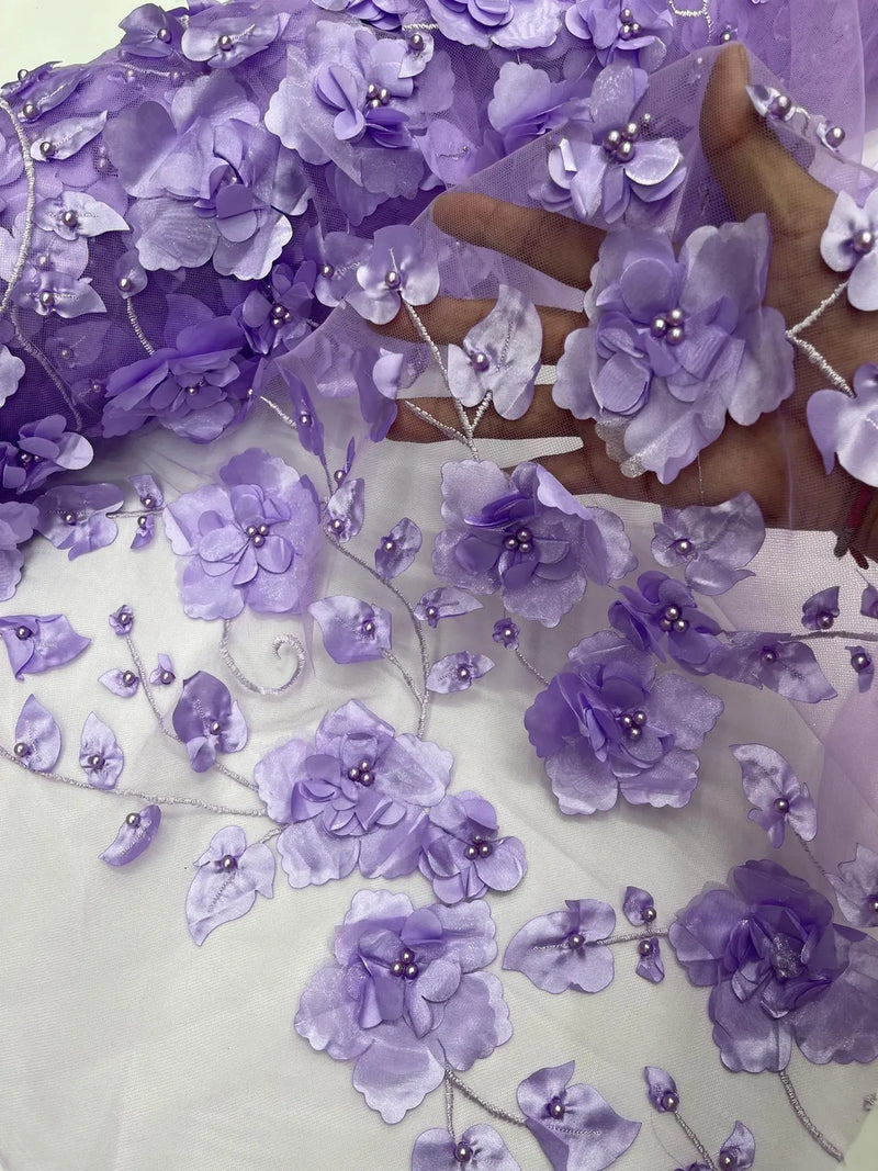 3D Orquidia Floral Lace - Lavender - Beautiful Orchid Flower Fabric on Mesh by Yard