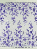 Floral 3D Pearl Fabric - Lavender - Embroidered Double Border Flower Design Pearl Fabric By Yard