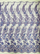 3D Floral Leaf Line Panels - Lavender - 3D Embroidered Flower Lines with Pearls on Lace By Yard