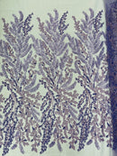 Leaf Pattern Sequins Fabric - Lavender - Natural Leaf Beads and Sequins Lace Fabric by the yard