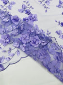 Floral 3D Pearl Fabric - Lavender - Embroidered Double Border Flower Design Pearl Fabric By Yard