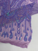 Zig Zag Tear Drop Sequins - Lavender - Embroidered Zig Zag Sequins 4 Way Stretch By Yard
