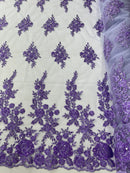 Rose Beaded Sequin Fabric - Lavender - Embroidered Floral Pattern with Beads and Sequins By Yard