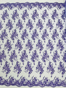 Beaded Sequins Floral Fabric - Lavender - Embroidered Beaded Floral Clusters Sequins Fabric By Yard