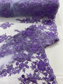 Rose Beaded Sequin Fabric - Lavender - Embroidered Floral Pattern with Beads and Sequins By Yard