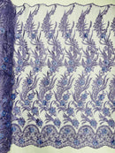3D Floral Leaf Line Panels - Lavender - 3D Embroidered Flower Lines with Pearls on Lace By Yard