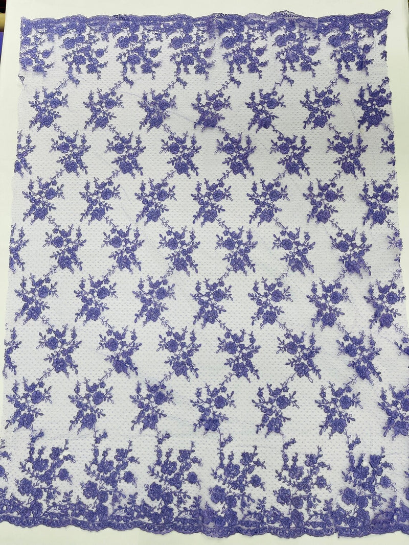 Floral Cluster Corded Fabric - Lavender - Fancy Flower Embroidery Lace Mesh Fabric By Yard