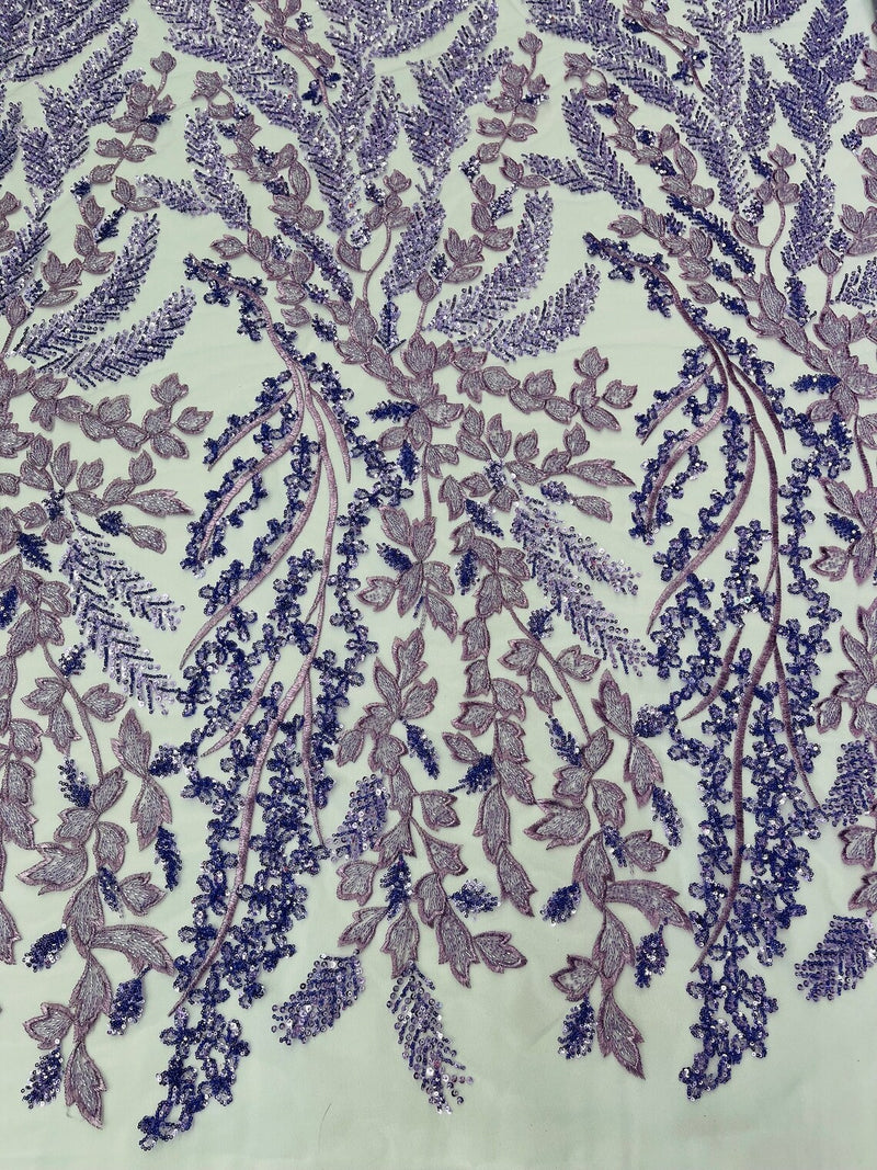 Leaf Pattern Sequins Fabric - Lavender - Natural Leaf Beads and Sequins Lace Fabric by the yard