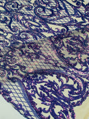 Heart Shape Sequins Fabric - Lavender - 4 Way Stretch Sequins Damask Fabric By Yard