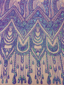 Zig Zag Tear Drop Sequins - Lavender - Embroidered Zig Zag Sequins 4 Way Stretch By Yard
