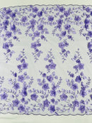 Floral 3D Pearl Fabric - Lavender - Embroidered Double Border Flower Design Pearl Fabric By Yard