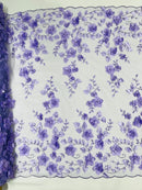 Floral 3D Pearl Fabric - Lavender - Embroidered Double Border Flower Design Pearl Fabric By Yard