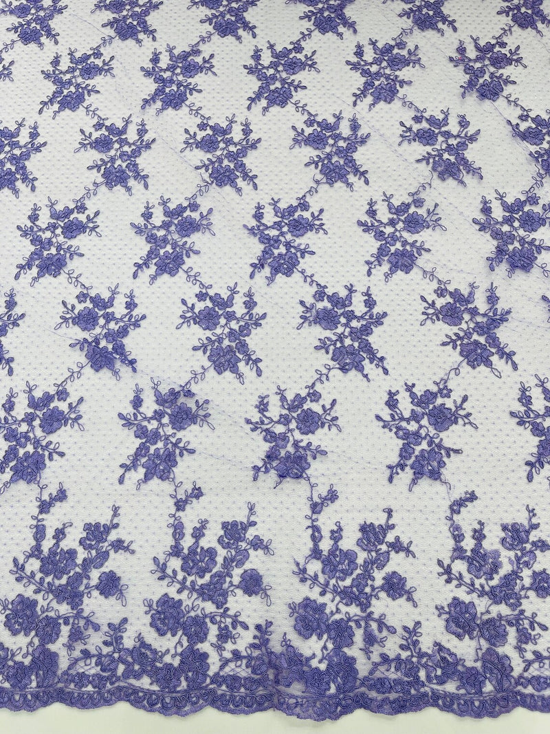 Floral Cluster Corded Fabric - Lavender - Fancy Flower Embroidery Lace Mesh Fabric By Yard