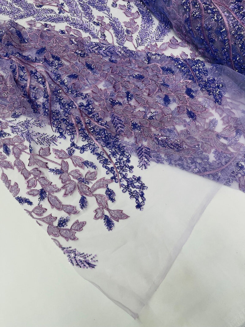 Leaf Pattern Sequins Fabric - Lavender - Natural Leaf Beads and Sequins Lace Fabric by the yard