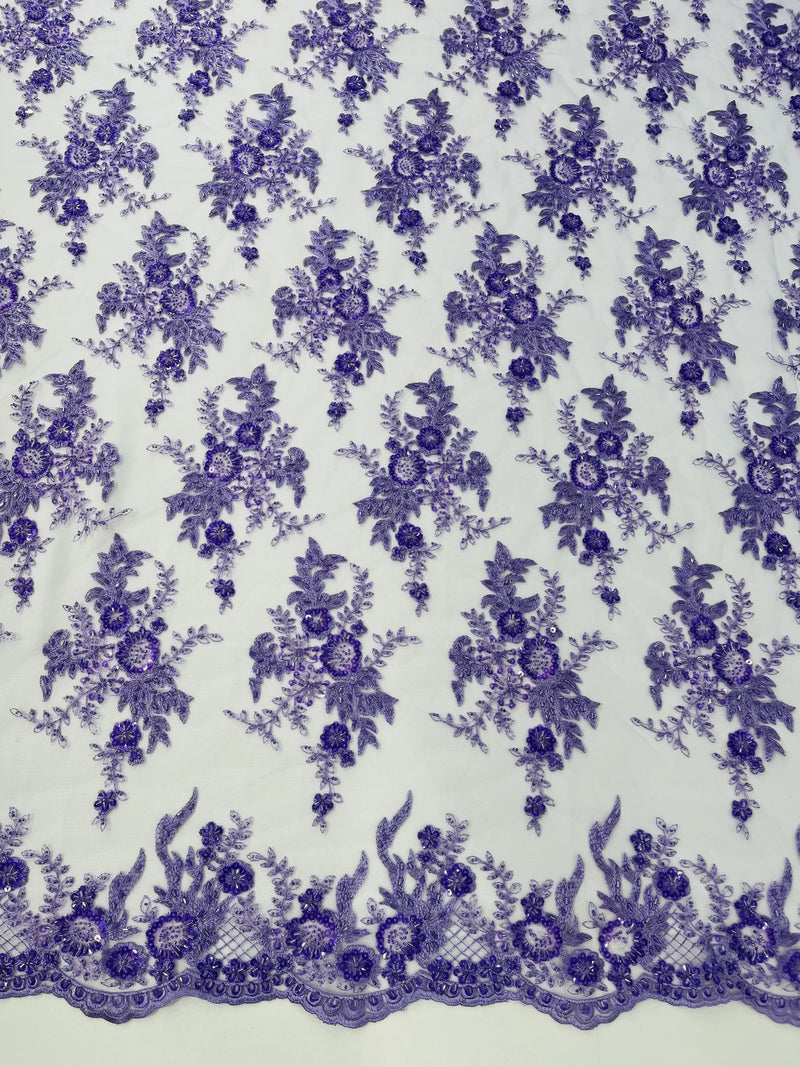 Beaded Sequins Floral Fabric - Lavender - Embroidered Beaded Floral Clusters Sequins Fabric By Yard