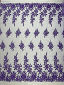 Rose Beaded Sequin Fabric - Lavender - Embroidered Floral Pattern with Beads and Sequins By Yard