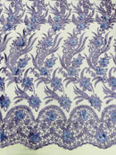 3D Floral Leaf Line Panels - Lavender - 3D Embroidered Flower Lines with Pearls on Lace By Yard